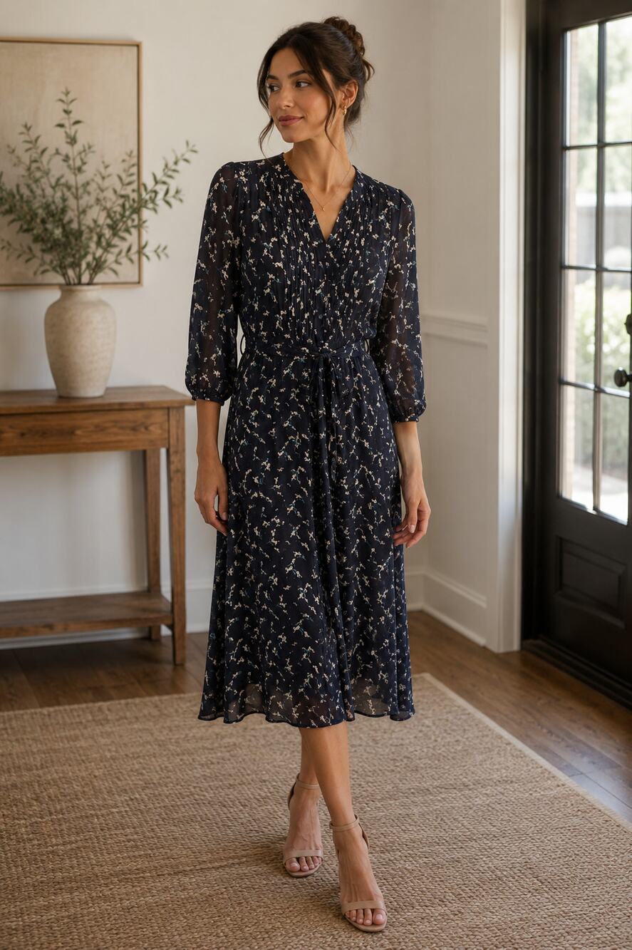 Uniqlo Floral Crepe Chiffon Midi Shirt Dress Tie Waist Small